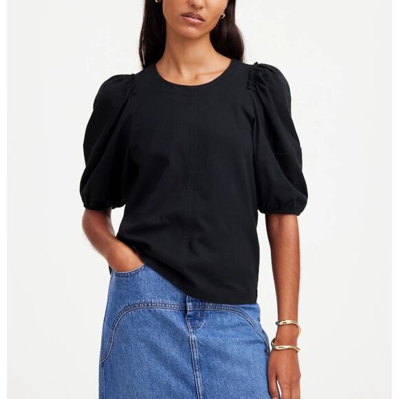 Madewell Puff-Sleeve Tee Womens M Black Crew Neck Cotton Relaxed Fit Ruffle Trim - Picture 1 of 7
